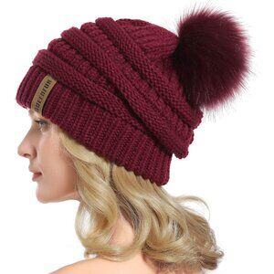 Women's Burgundy 100% Acrylic Cable Knit Beanie Faux Fur Winter Warm Slouchy Hat